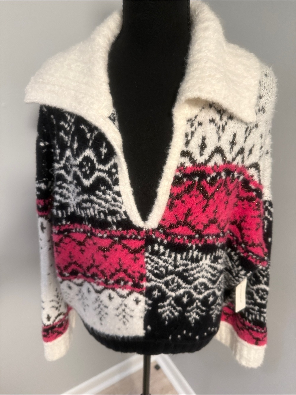 Pilcro Black, White & Pink Patterned Cowl‑Neck Sweater - Picture 2 of 4